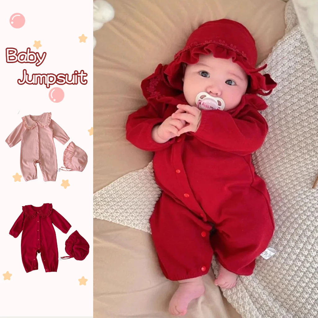 Bộ áo liền quần dài tay bé gái mùa thu có mũ 0-2 tuổi