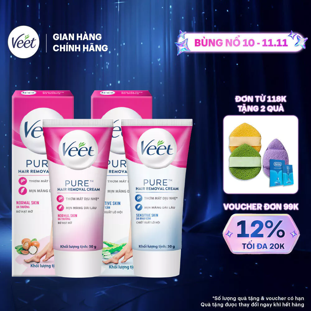 [MỚI] Combo 2 hộp Kem tẩy lông Veet Pure, hộp cho da nhạy cảm và hộp cho da thường, 50g/hộp, công thức Pure cải tiến