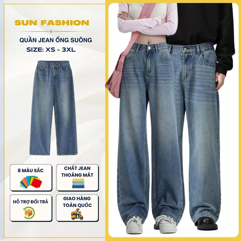 Quần jean ống rộng nam nữ cạp thường Suncbvn T9 WASH XANH mặc thoải mái, dễ phối đồ phong cách hàn quốc