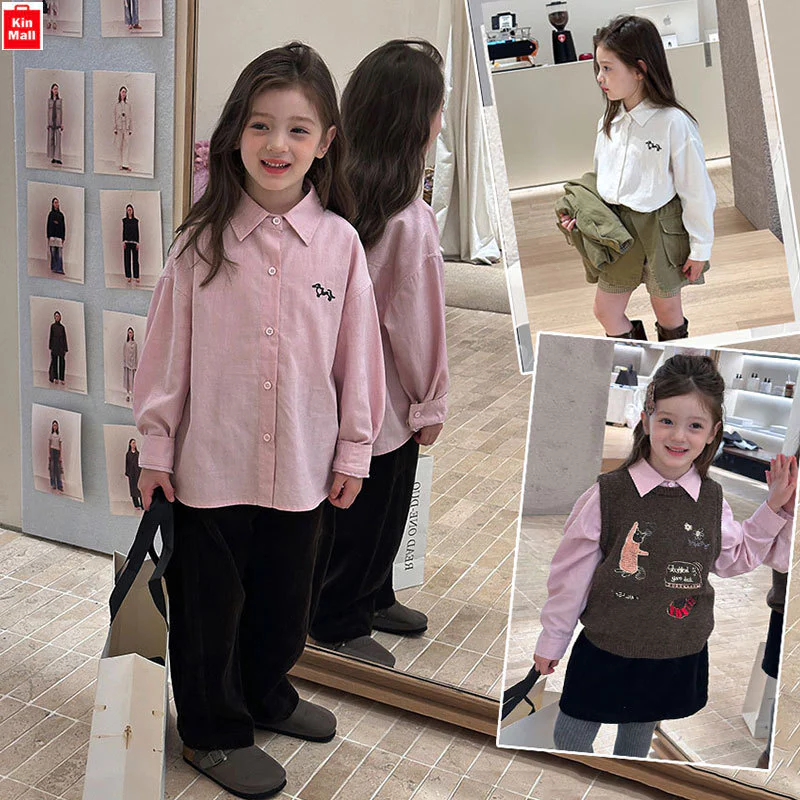 (14-50kg) Áo Sơ Mi Dài Tay AMBBKIDS Form Rộng vải mềm mại thoáng mát Thêu Chó Con Xinh Yêu Dễ Thương cho bé Gái