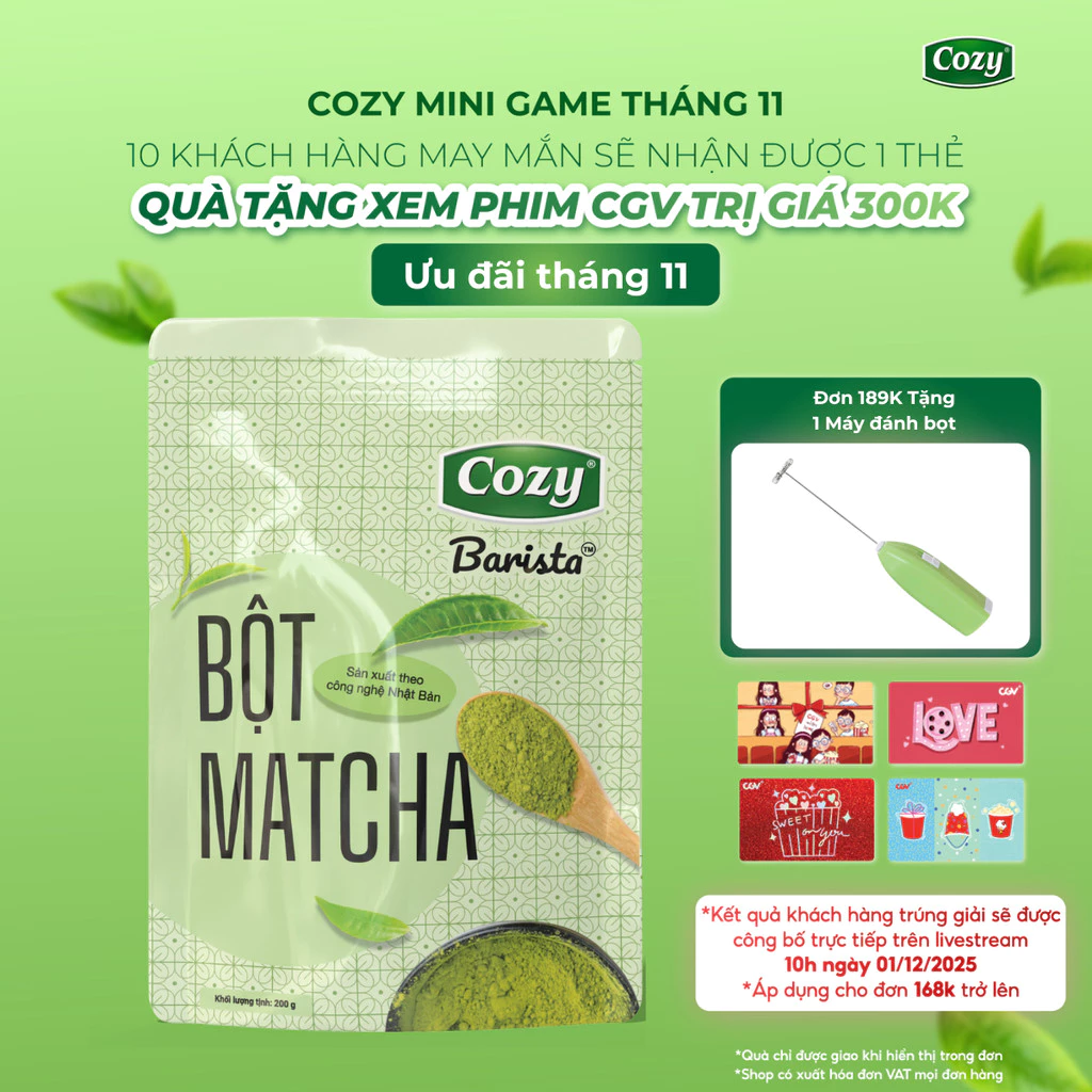 [KOLs] Bột Matcha Cozy Barista 200gr, Bột Trà Xanh Cozy, Bột Matcha Pha Latte, Sản Xuất Bằng Máy Móc Nhập Khẩu Nhật Bản