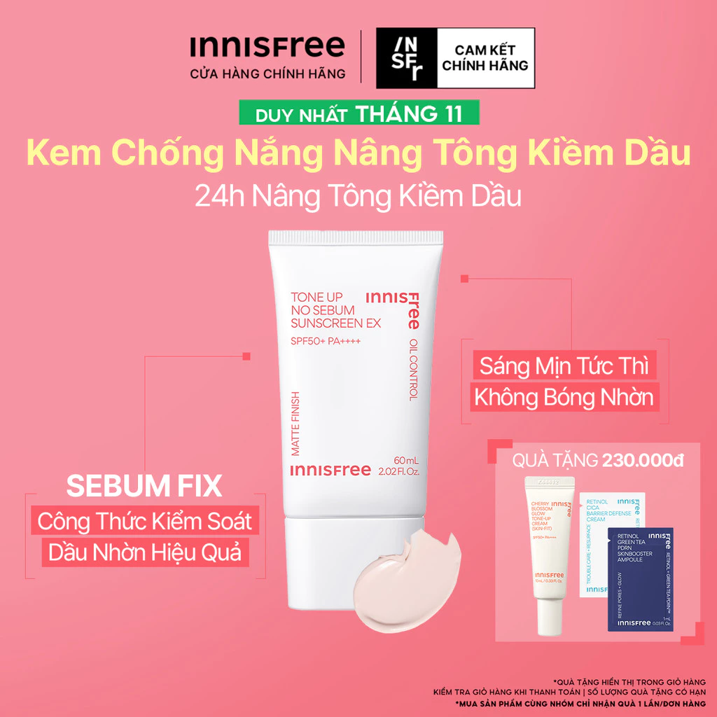 Kem chống nắng nâng tông kiềm dầu INNISFREE Tone Up No Sebum EX SPF 50+ PA++++ 60 mL