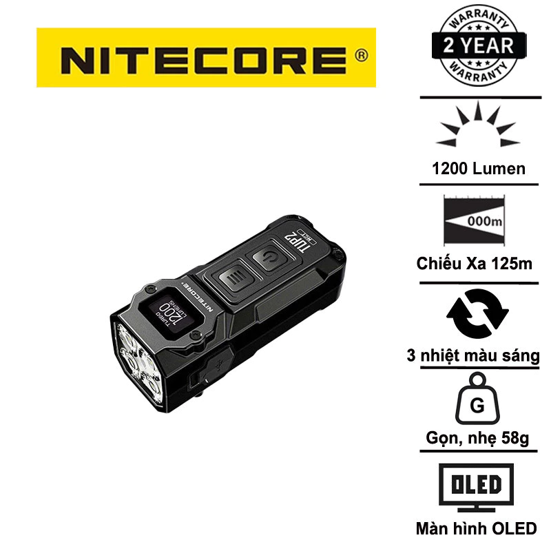 Đèn pin móc khóa NITECORE TUP2 sáng 1200 lumen 3 nhiệt màu màn OLED, sạc USB-C
