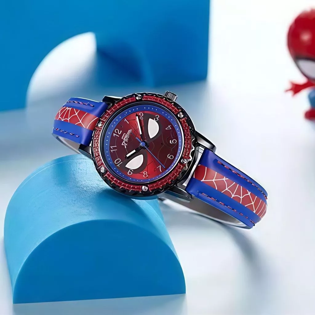 Đồng hồ bé trai 2026 – Đồng hồ Spider-Man kim dạ quang chống nước, dây da mềm dễ chịu