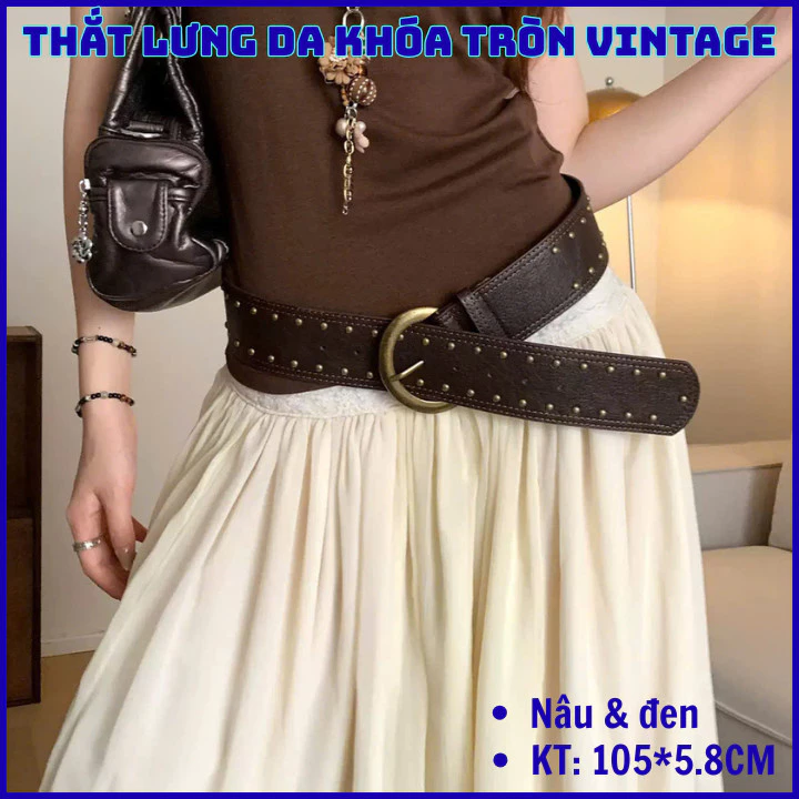 Dây thắt lưng nữ Y2K da trendy đinh tán, dây đai belt bản rộng  5.8cm phù hợp với váy và quần Jean OLL392