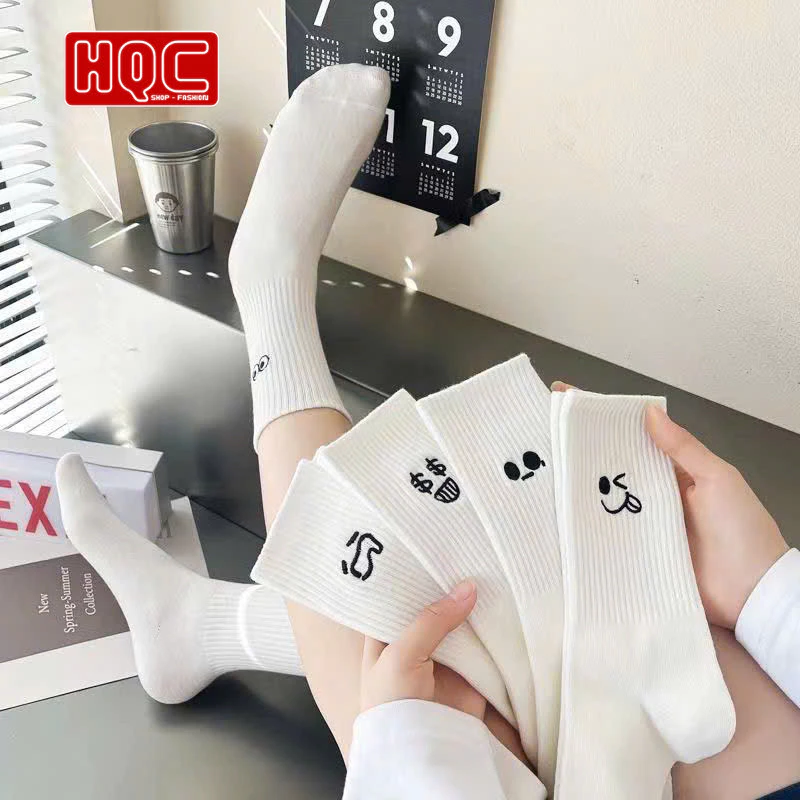 Combo 10 đôi tất trắng cổ cao in hình icon cảm xúc siêu dễ thương, chất cotton co giãn