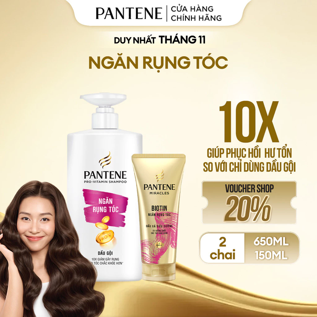 [Yêu tóc nàng] Combo Dầu Gội PANTENE Chai 650ML + Dầu Xả PANTENE Siêu Dưỡng Ngăn Rụng Tóc Chai 150ML