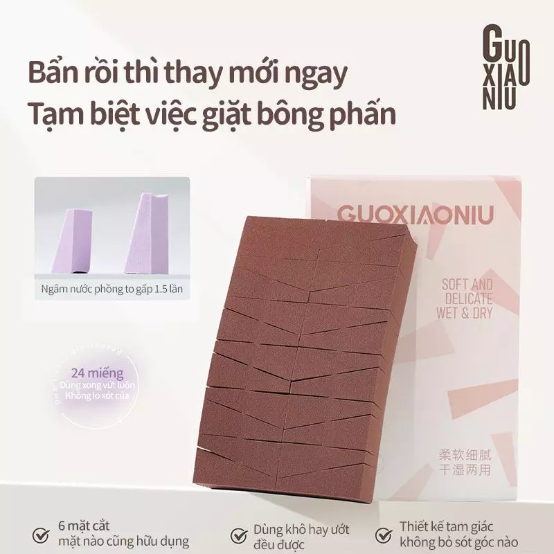 Bọt biển tam giác GUOXIAONIU 24 miếng, có thể sử dụng khô hoặc ướt, nở ra khi tiếp xúc với nước, siêu mềm, không thấm nền, thích hợp để bôi đệm và nền móng.