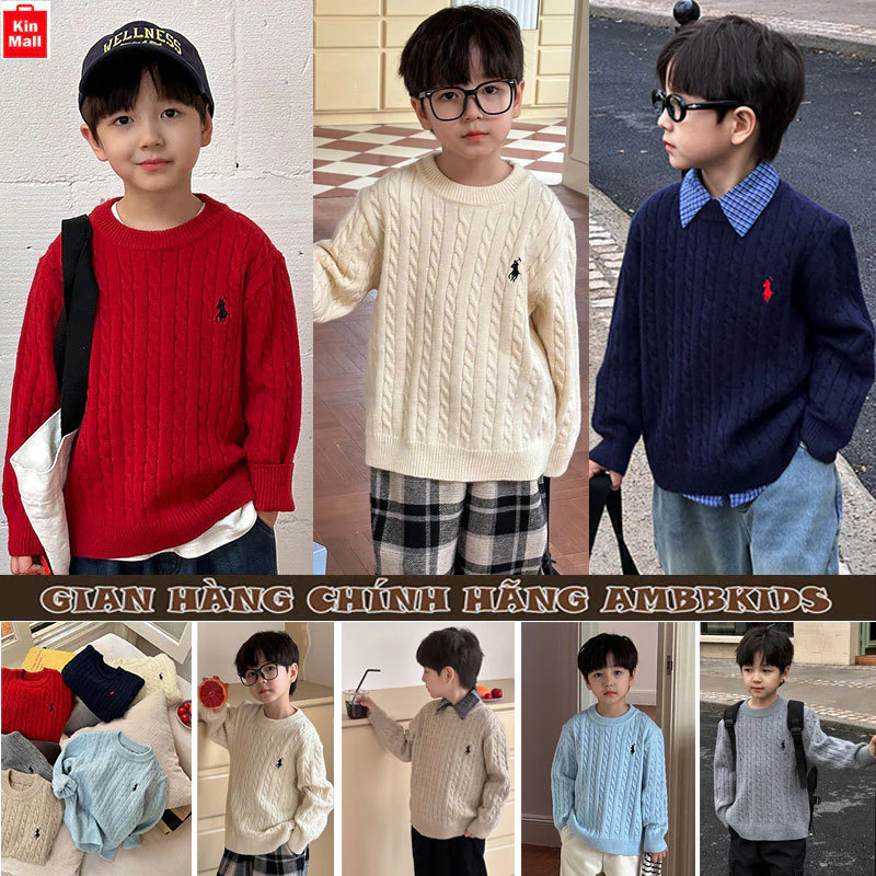 NEW 2025-Áo Len Dệt Kim Ambbkids Thêu Ngựa cho Bé Trai, Chất Len Dày Dặn Đứng Form Mặc Vào Đẹp Chuẩn Soái Ca Nhí