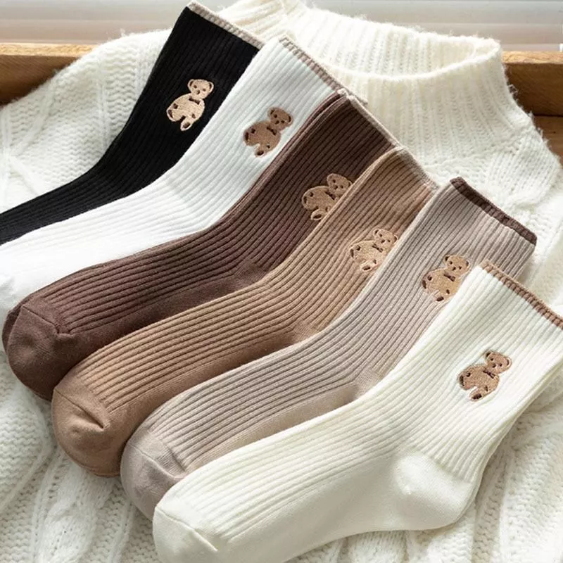 Combo 5 Đôi 10 Đôi Tất Gấu Cổ Cao Nữ Phong Cách Bassic Vintage Đủ Màu yn01