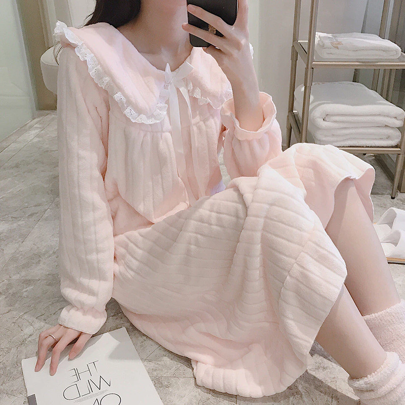 phong cách công chúa cho mùa thu đông Váy ngủ flannel mềm mại,  áo babydoll, Đồ Bộ Nữ Đồ Mặc Nhà ấm áp.