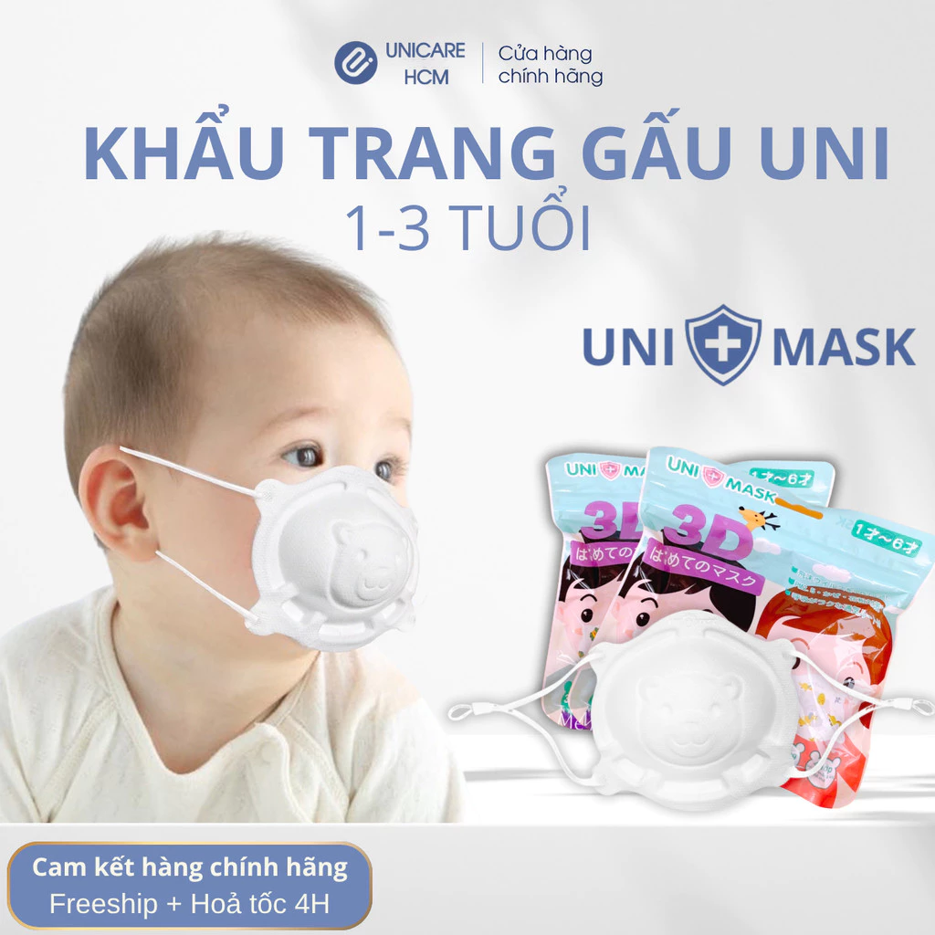 [Set 3 chiếc] Khẩu trang 3D hình gấu UniMask cho bé sơ sinh 1-3 tuổi, mềm mại, dễ thương
