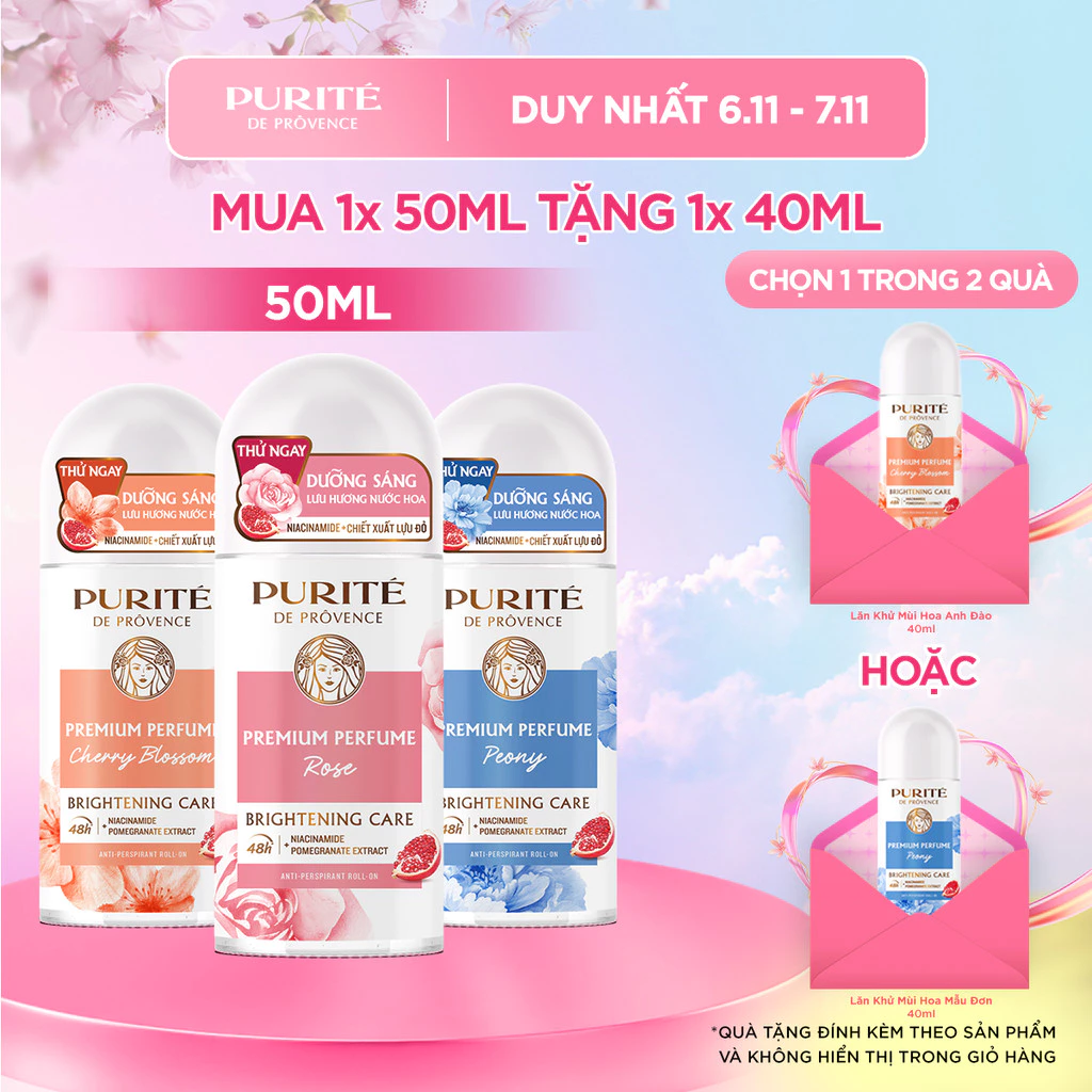 Combo Lăn Khử Mùi Dưỡng Sáng Hương Nước Hoa Cao Cấp Purité 50ML + Tặng Lăn Khử Mùi Dưỡng Sáng 40ML