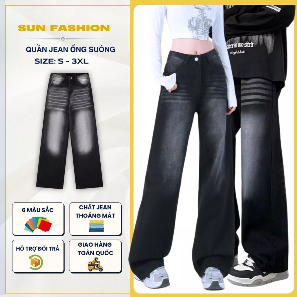 Quần jean ống suông nam nữ SUN V03 WASH KHÓI form Hàn Quốc trẻ trung - năng động