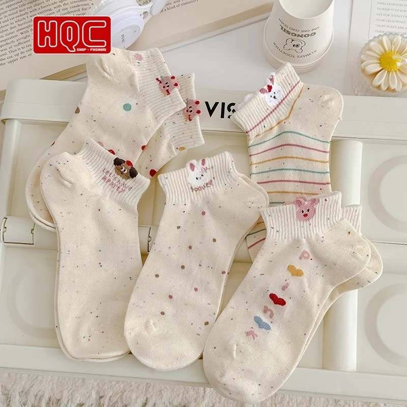 Combo 10 đôi tất cổ ngắn thỏ bông chấm bi – phong cách dễ thương, mềm mại