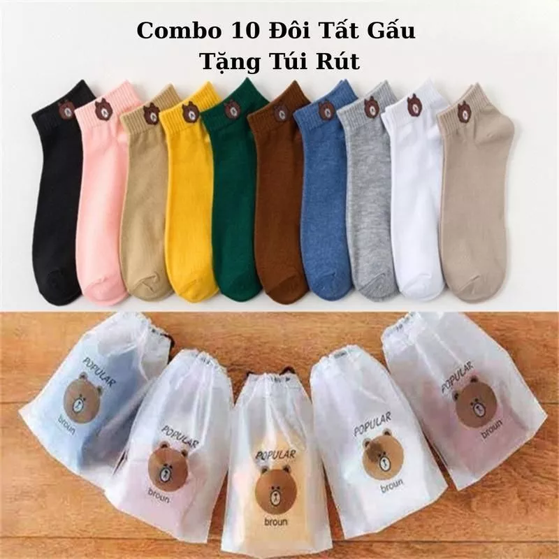 Set 10 Đôi Tất Nữ Cổ Ngắn Hình Gấu Kute Tặng Kèm Túi Rút Chất Mềm Không Quá Dày Thoải Mái yn01