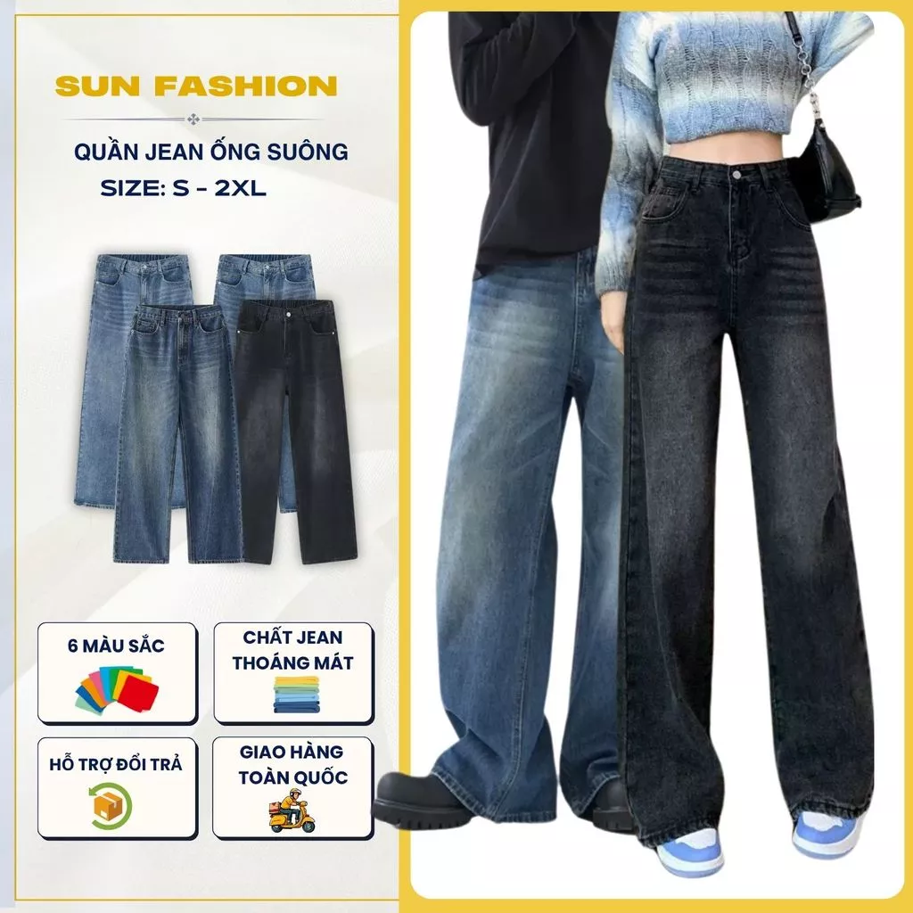 Quần jean ống rộng nam nữ SUN 95 jean wash hách dáng, phong cách trẻ trung năng động unisex