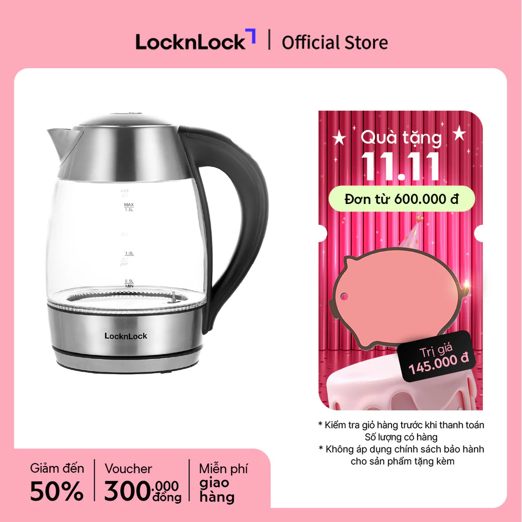 Ấm đun nước dùng điện bằng thủy tinh, thương hiệu Lock&Lock EJK341 1.8L