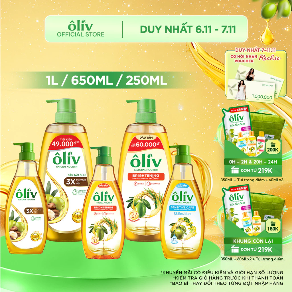 Dầu Tắm ÔLIV 3X Dưỡng Ẩm/Dưỡng Sáng Da/Dành Cho Làn Da Nhạy Cảm 250ML/650ML/1L