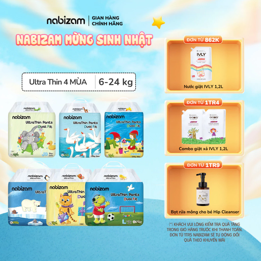 Combo 4 Bịch Tã/Bỉm Quần NABIZAM ULTRA THIN 4 Mùa Mỏng Mềm Hơn, Thấm Hút Nhanh Hơn Size Cho Bé 6-24kg