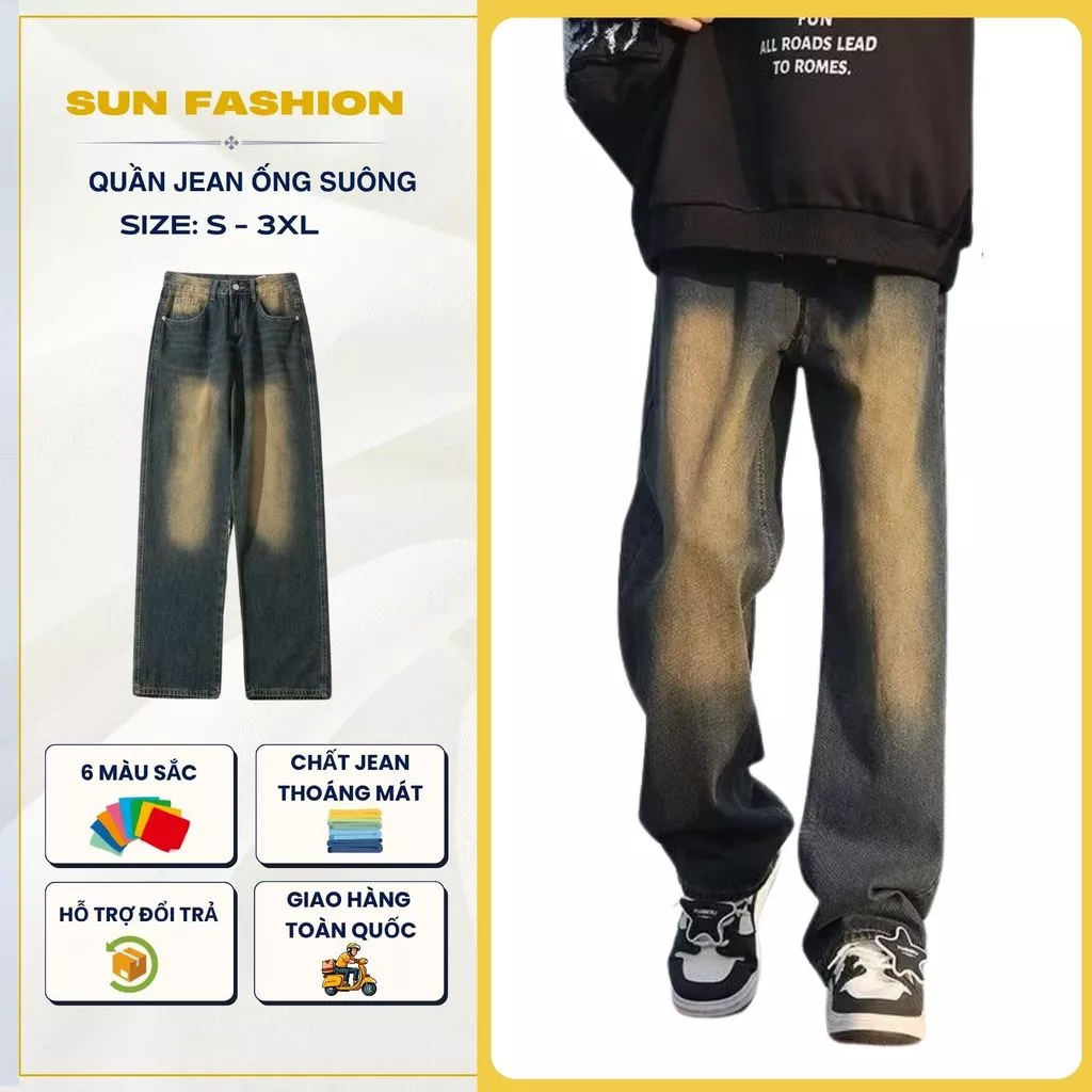 Quần jean ống suông nam nữ SUN V03 XANH DƠ cạp cao che khuyết điểm, dễ dàng phối đồ