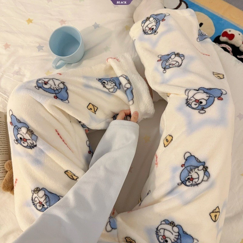 Quần ngủ Doremon flanel velvet san hô cho nữ, thoải mái mùa đông