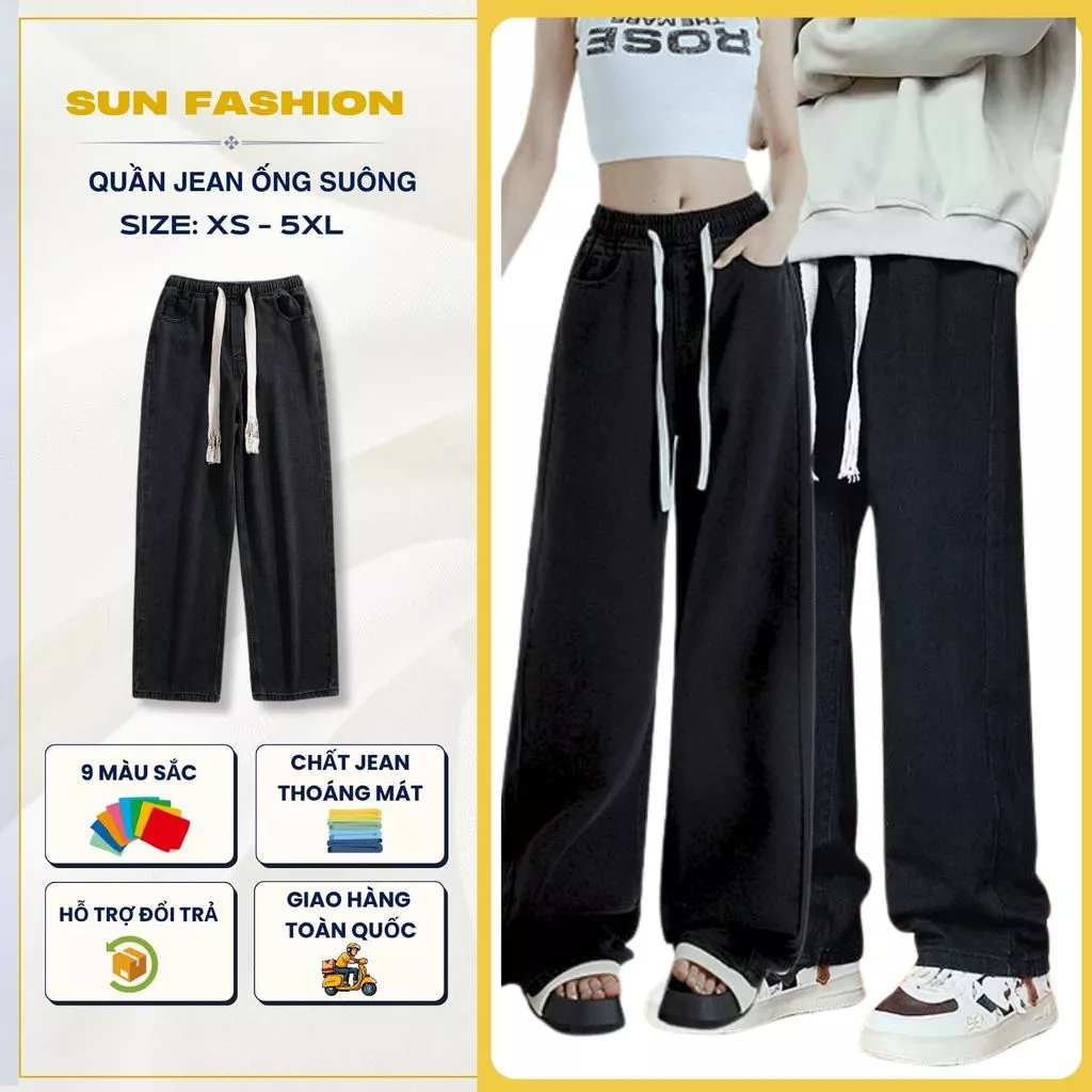 Quần jean ống rộng bigsize nam nữ SUN 09 màu ĐEN cạp chun mặc thoải mái theo phong cách hàn quốc