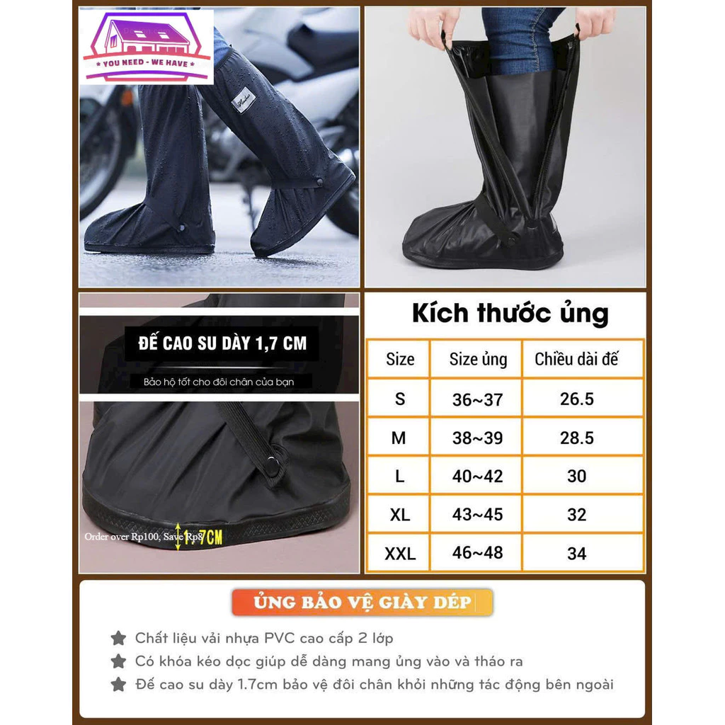 Ủng Đi Mưa Có Khoá Kéo 2 Lớp, Bọc Giày Đi Mưa Cao Cổ, , Chất Liệu Nhựa PVC Chống Thấm Chống Trơn Trượt Hiệu Quả