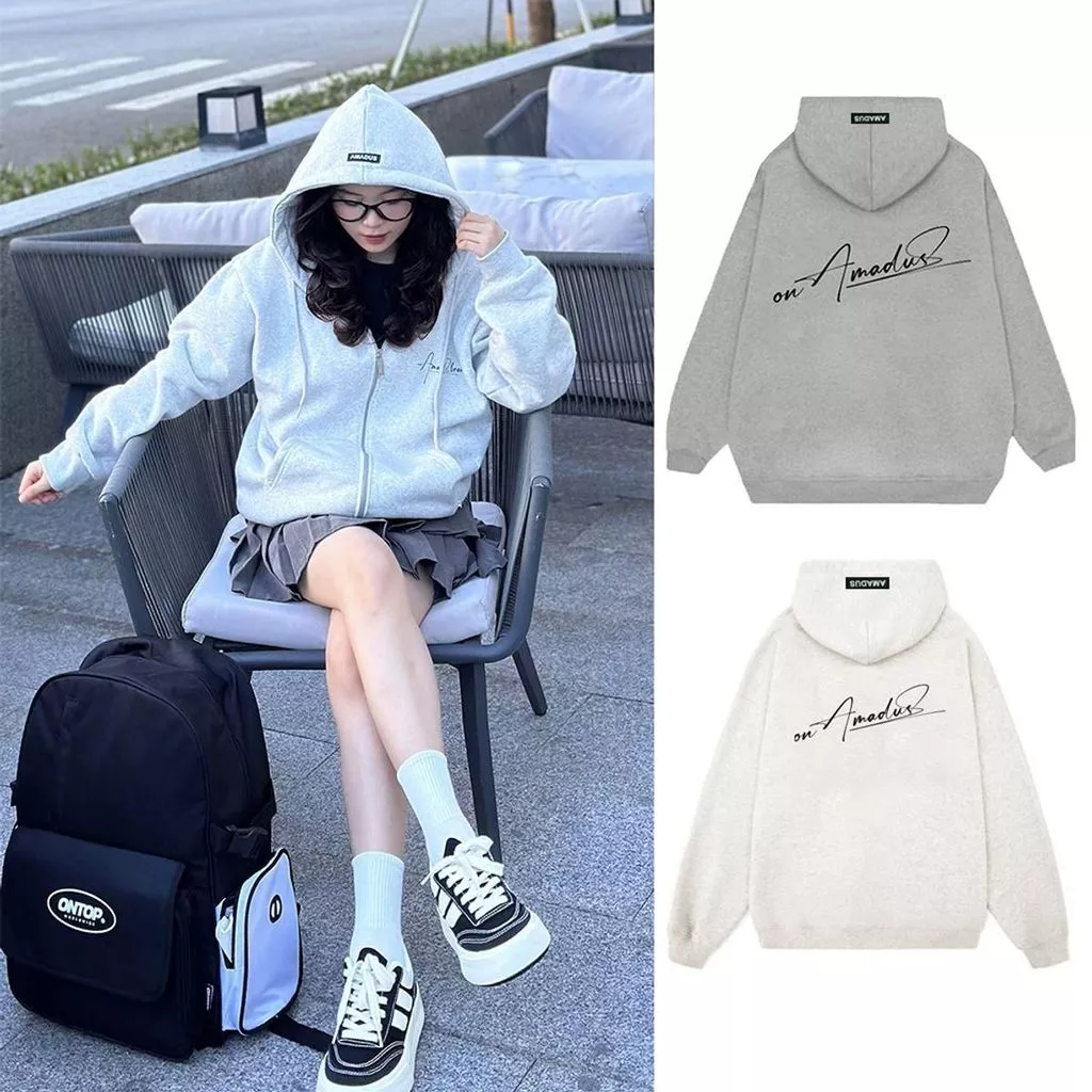 Áo HOODIE ZIP in chữ kí AMADUS của 2025-2026,Áo hoodied Nỉ Bông Nam Nữ Unisex Kéo Khóa from dáng unisex