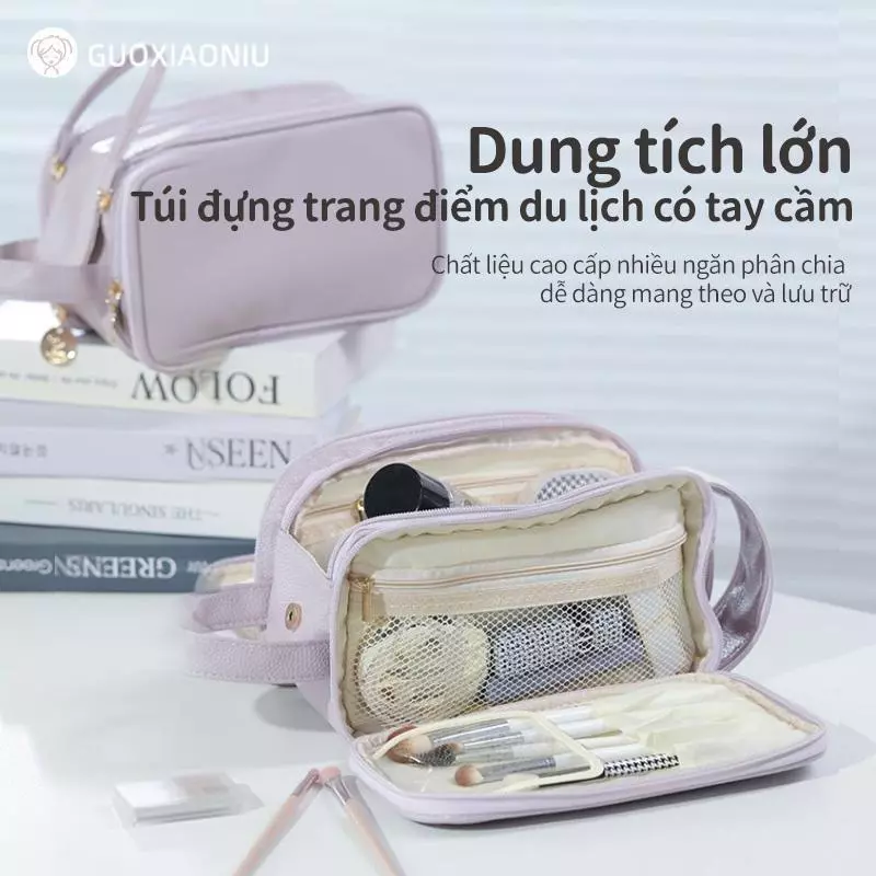 Túi trang điểm cỡ lớn GUOXIAONIU, Túi đựng mỹ phẩm di động, Chất liệu chống thấm nước & chống bụi, Nhiều ngăn Phong cách thanh lịch, Dễ mang theo khi du lịch & Trang điểm cơ bản