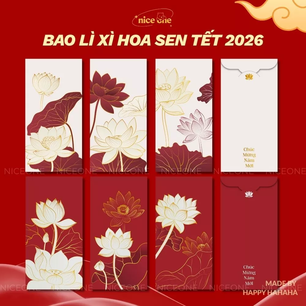 Bao lì xì Tết 2026 Bính Ngọ, Thiết kế Hoa Nhí, Tết Việt Nam, Xuân Ánh Nguyệt Tết 2026 - chất liệu giấy C150 cán màng