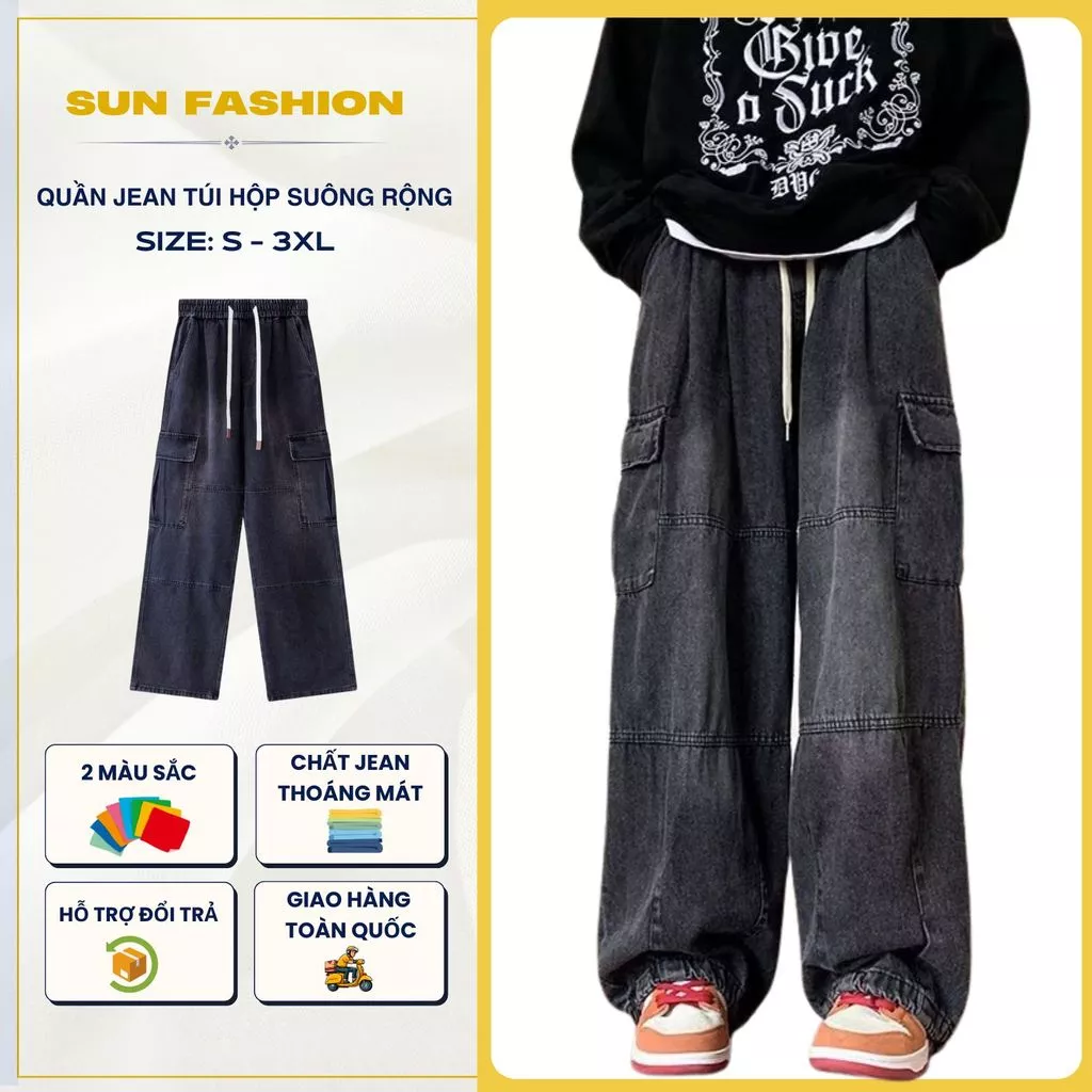 Quần jean túi hộp nam nữ basic SUN 116 Màu Khói wash ống rộng thoải mái, trẻ trung, năng động, phong cách Hàn Quốc