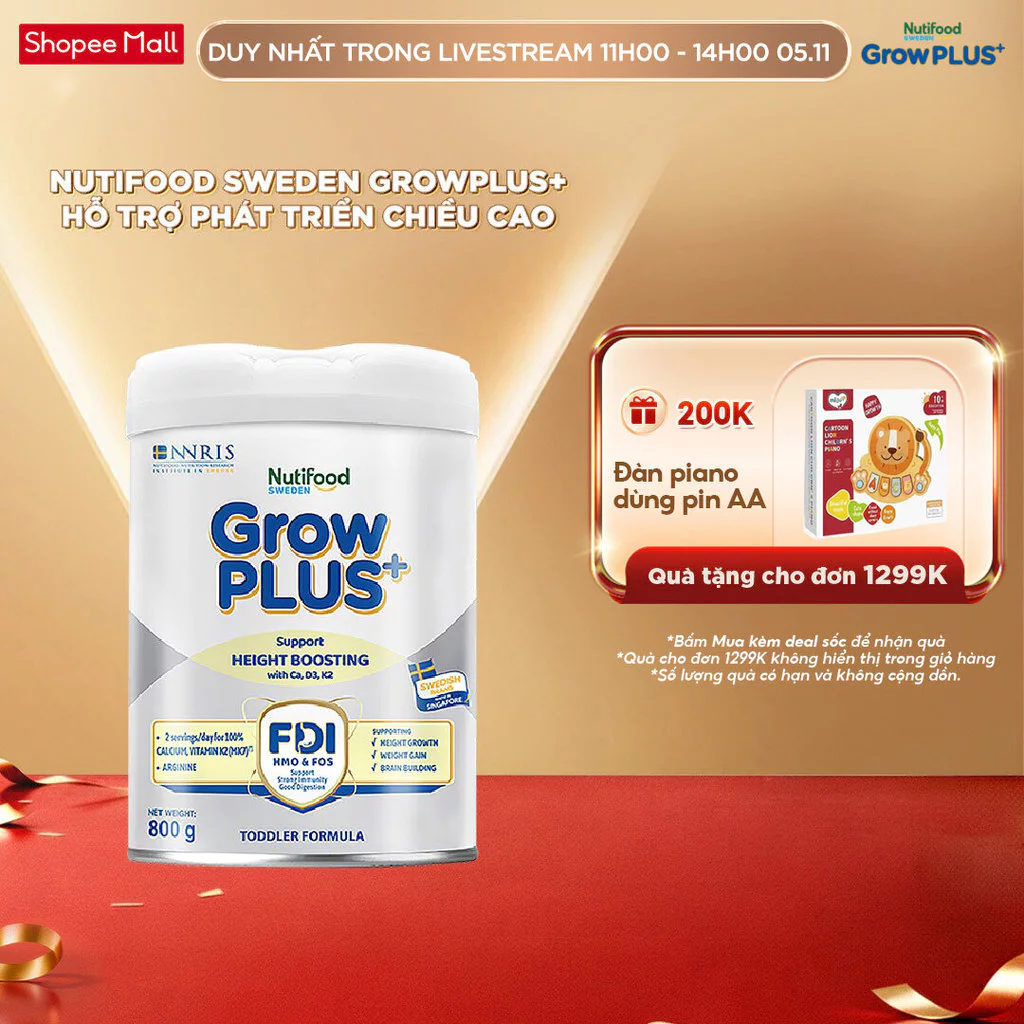 Sữa Bột Nutifood Sweden GrowPLUS+ Cao lớn vượt trội (Bạc) 800g