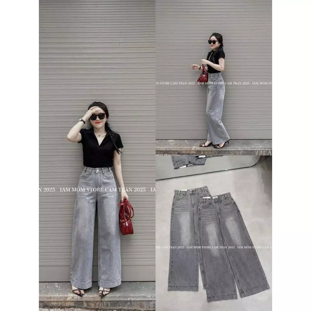 Quần Bò Jeans Nữ Ống Rộng, Quần Bò Denim Suông Ống Rộng Trơn Màu Xám Khói Gấu To Bản Cạp Cao Siêu Hách Dáng Cực Đỉnh