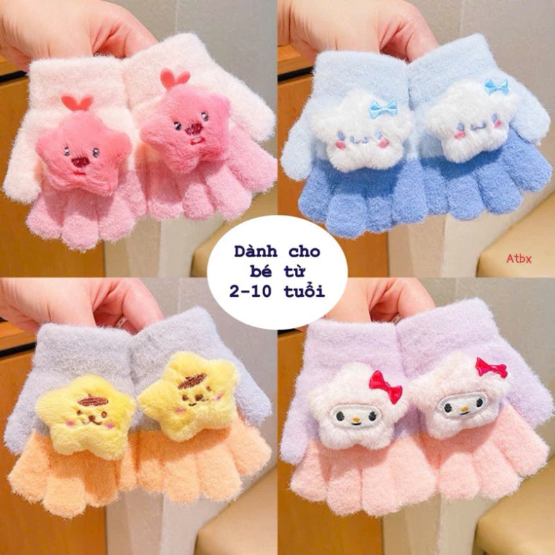 Găng tay lông thỏ hoạ tiết ngôi sao hoạt hình đáng yêu cho bé từ cho bé từ 2-10 tuổi - siêu mềm siêu ấm cho mùa đông