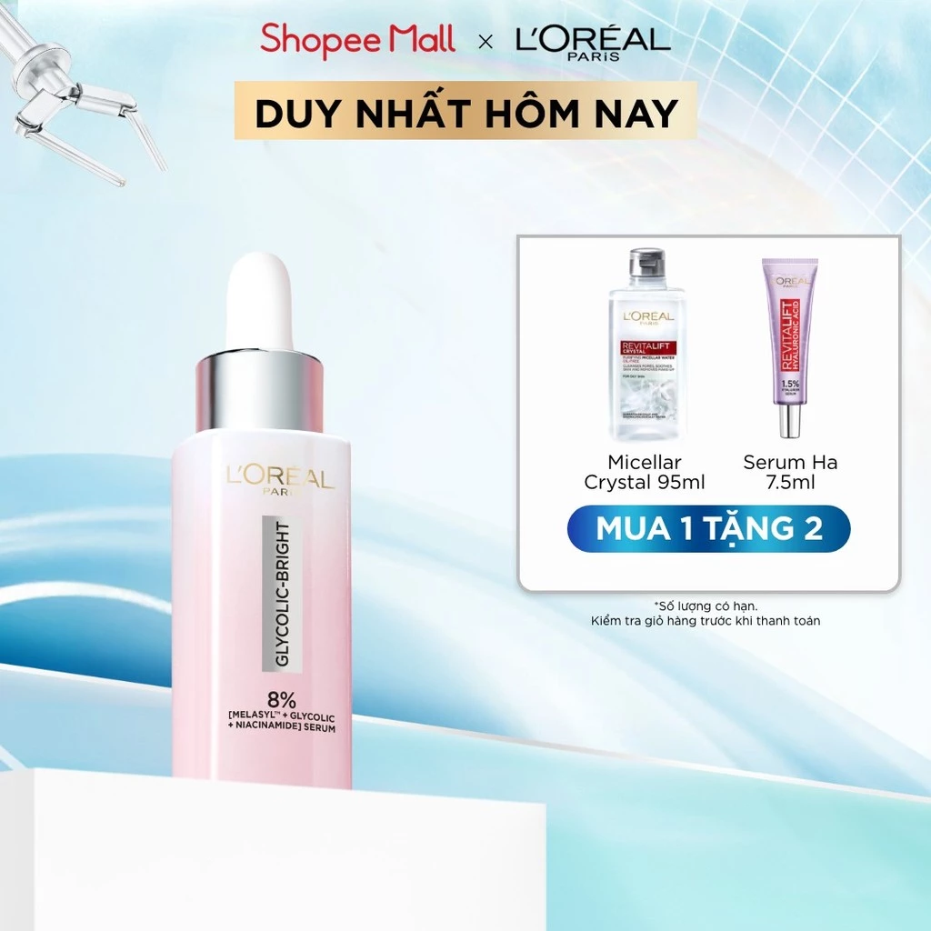 Serum Glycolic Melasyl 8% [Melasyl+Glycolic+Niacinamide] dưỡng sáng da, mờ thâm mụn & nám Loreal Paris 30ml