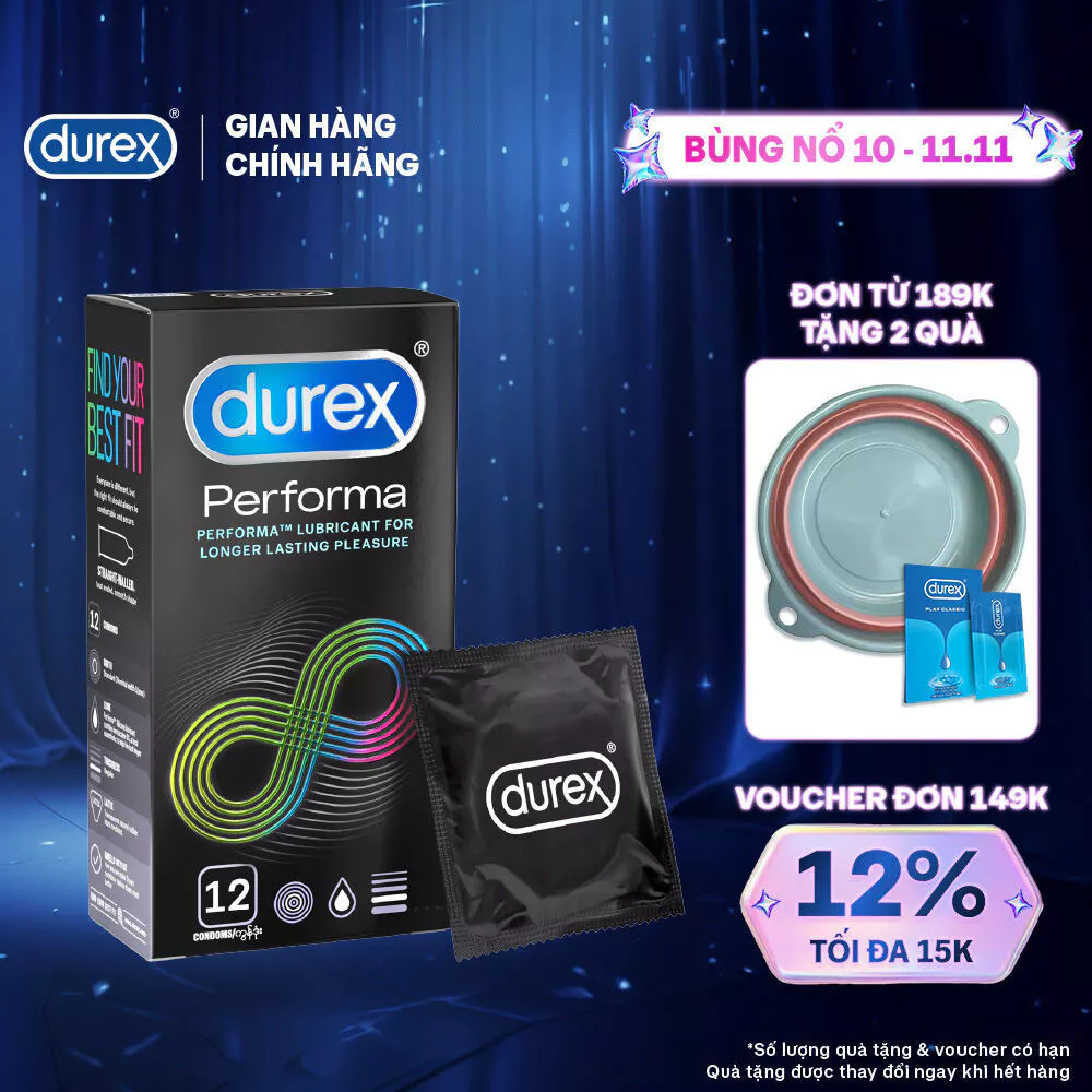 Bao cao su Durex Performa kéo dài thời gian, size 52mm, hộp 12 bao