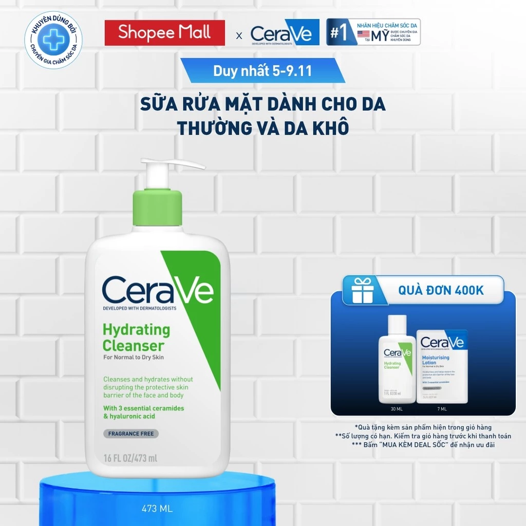 Sữa rửa mặt giúp làm sạch sâu dành cho da thường và da khô Cerave Hydrating Cleanser 473ML