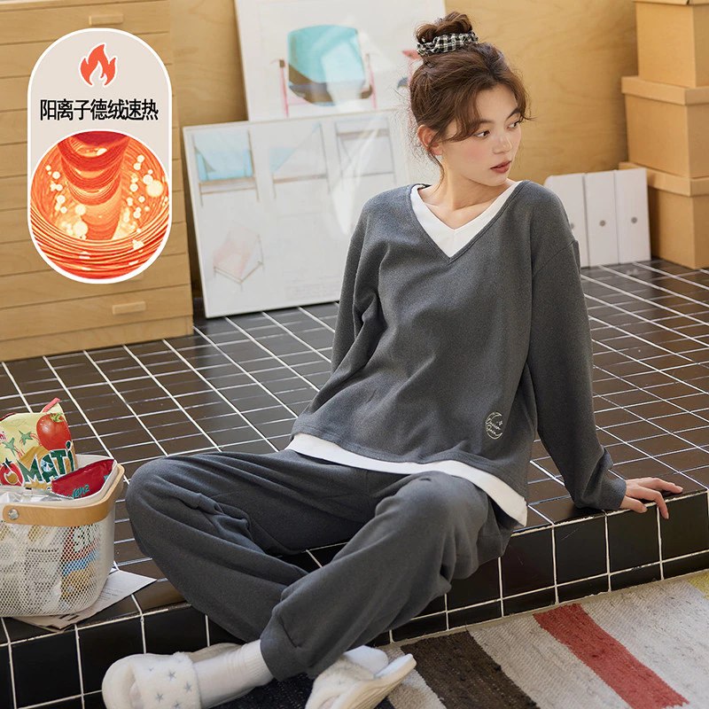 Bộ đồ ngủ nữ dralon len lông cừu dài tay, dễ thương và giữ ấm cho mùa đông