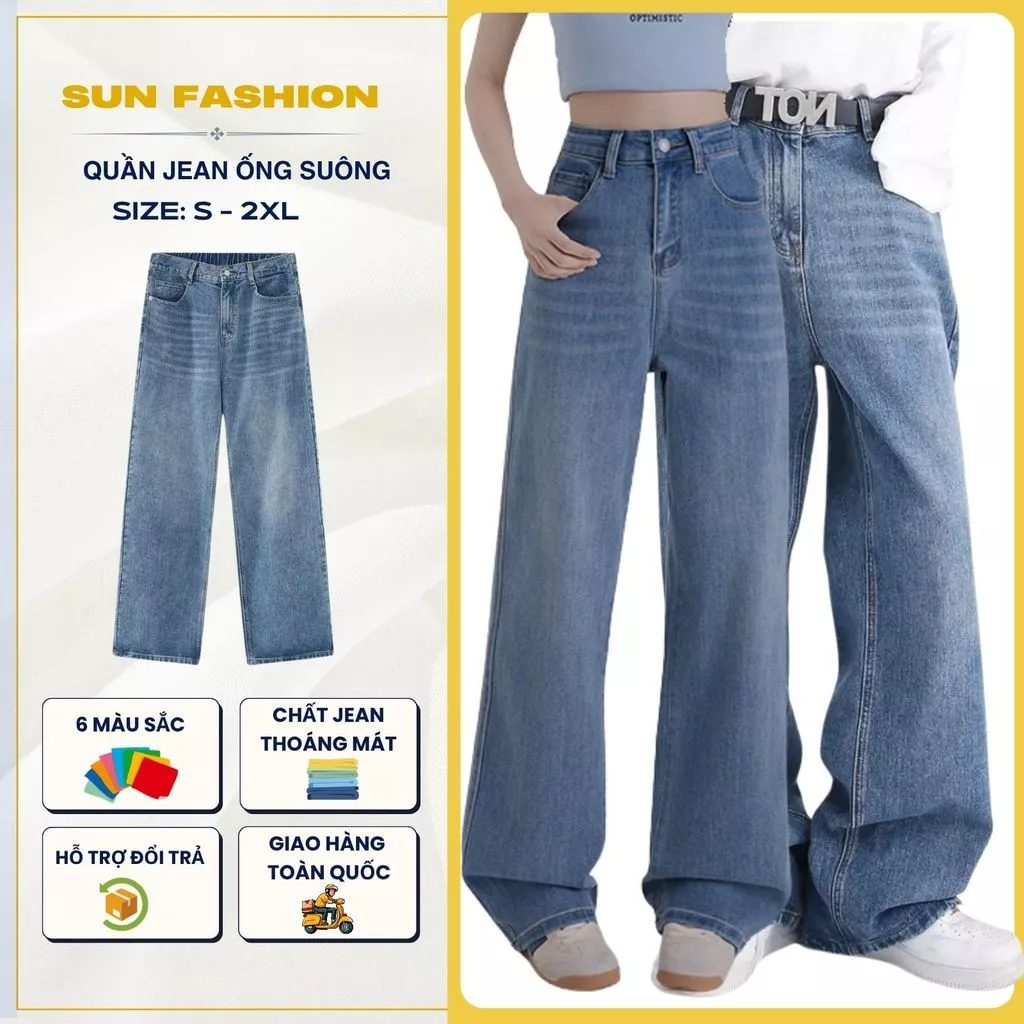 Quần jean ống rộng nam nữ Suncbvn 95 màu XANH WASH nửa cạp chun, dễ phối đồ theo phong cách hàn quốc