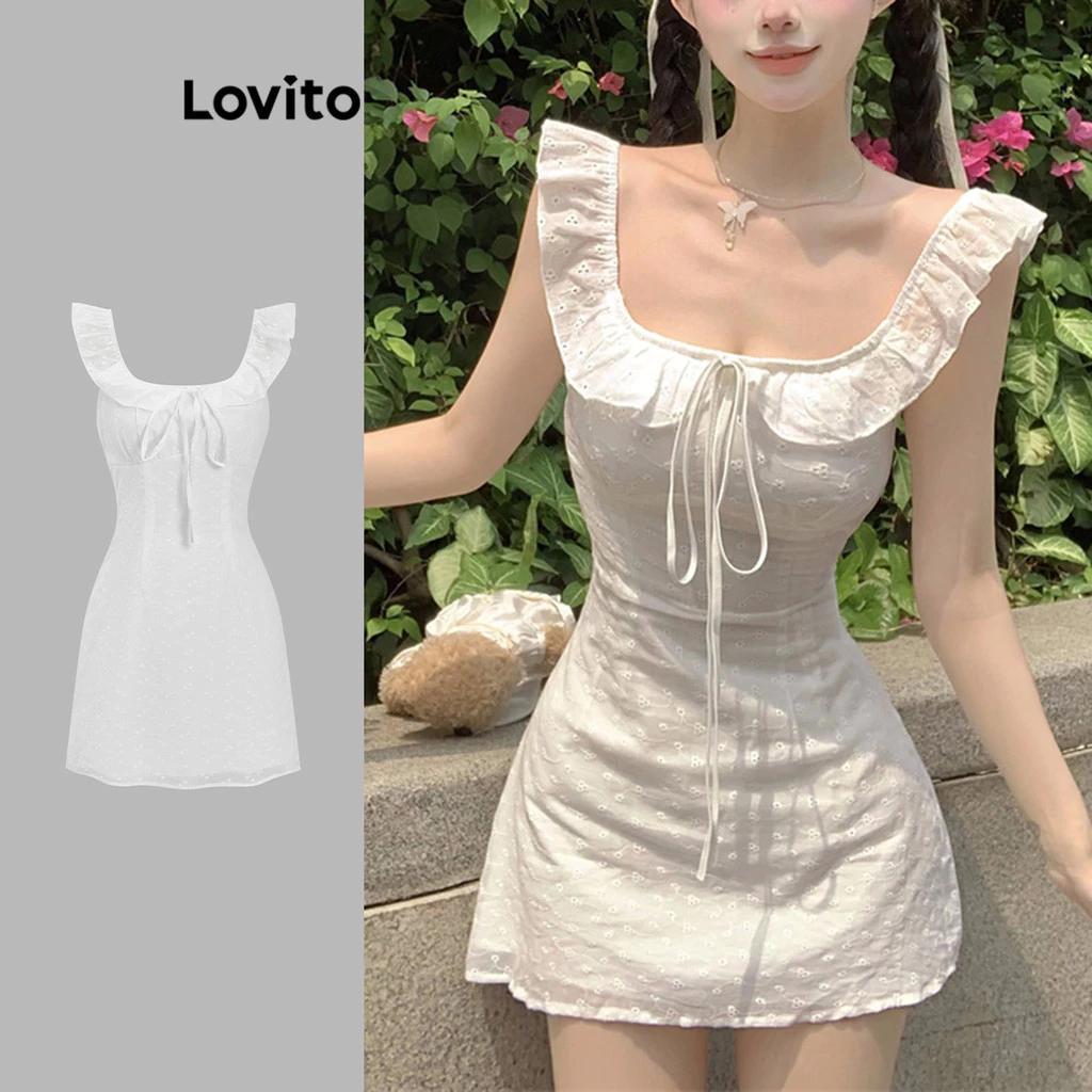 Lovito Đầm thêu dây buộc phía trước dễ thương cho nữ L122AD063