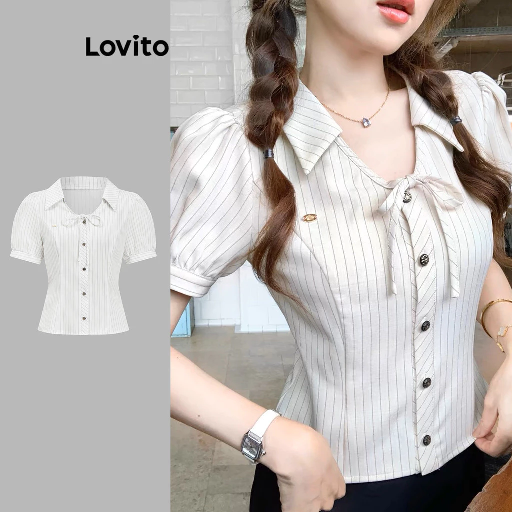 Áo kiểu nữ Lovito kim loại nút trước hoạ tiết sọc xinh xắn L110AD044