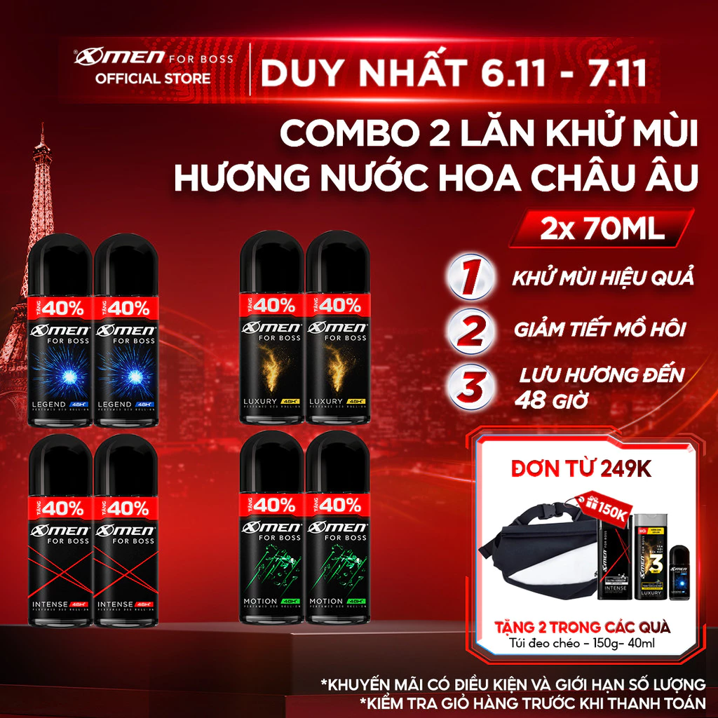 [Tặng thêm 40% dung tích] Combo 2 Lăn khử mùi X-Men For Boss Intense/ Luxury/Legend/Motion 70ml/chai