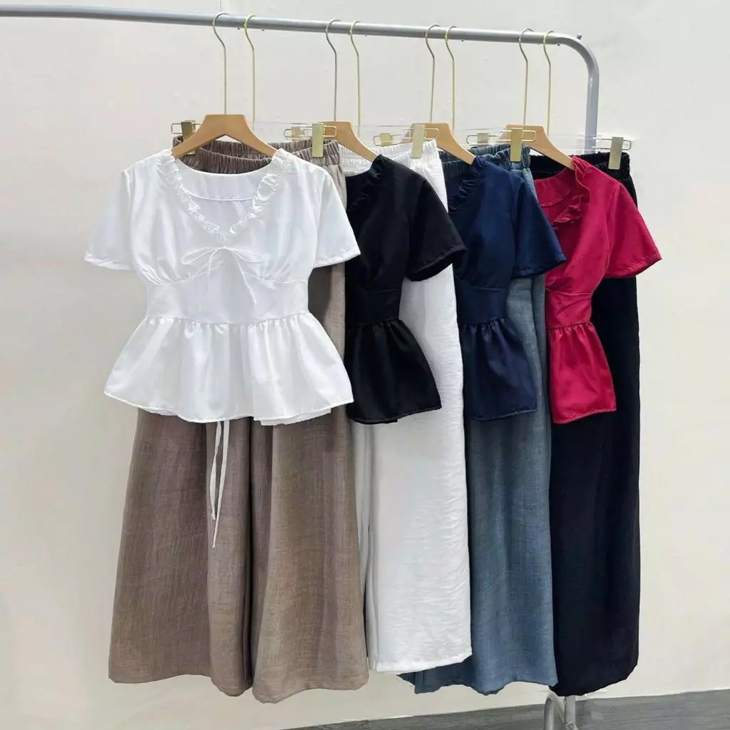 Set áo quần  bigsize nữ 2 món gồm áo sơ mi cổ tim phối bèo quần dài suông ống rộng lưng thun co giãn - A315+Q564