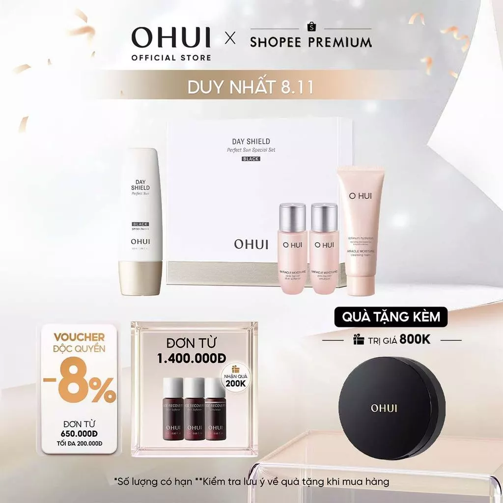 [OHUI Official] Bộ kem chống nắng dưỡng trắng 4 món OHUI Day Shield Perfect Sun Black SPF50+ PA++++ 50ml