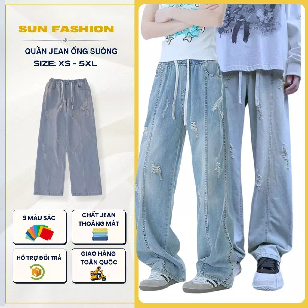Quần jean nam nữ ống rộng cạp chun bigsize SUN 09 XANH RÁCH, chất liệu mềm mại, thoải mái