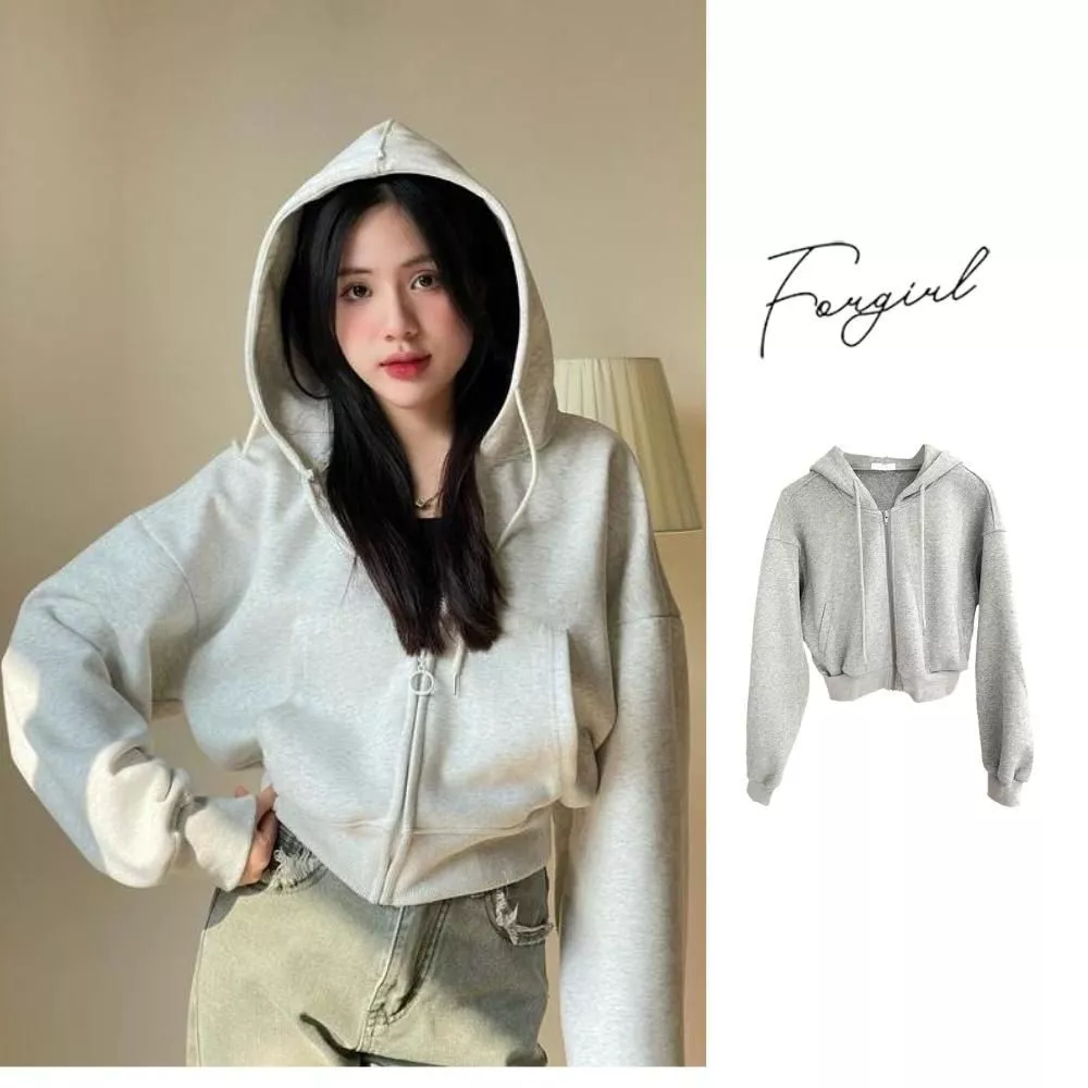 Áo Khoác Nỉ Nữ Dáng Croptop Forgirl của 2025-2026 Hoodie Zip Trơn Chất Liệu Dày Dặn Thu Đông Siêu Xinh