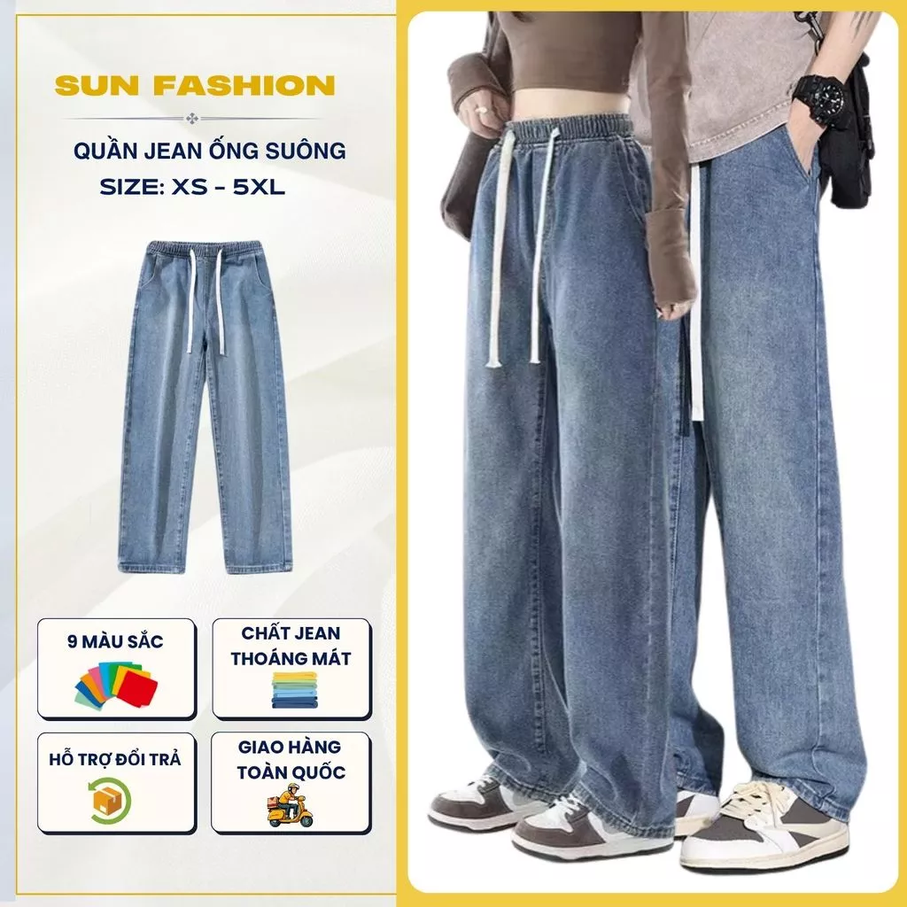 Quần jean nam nữ ống suông rộng, bigsize SUN 09 XANH WASH cạp chun thoải mái dễ phối đồ