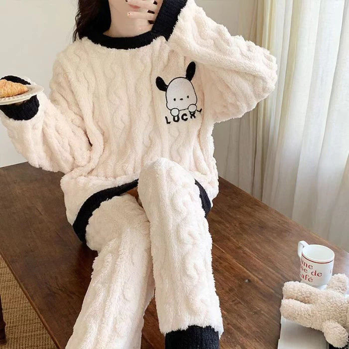 Bộ Đồ Ngủ Flannel Nữ Mùa Đông Dài Tay, Hoạt Hình Dễ Thương Cho Phái Nữ, Mặc Nhà Giữ Ấm Ban Đêm