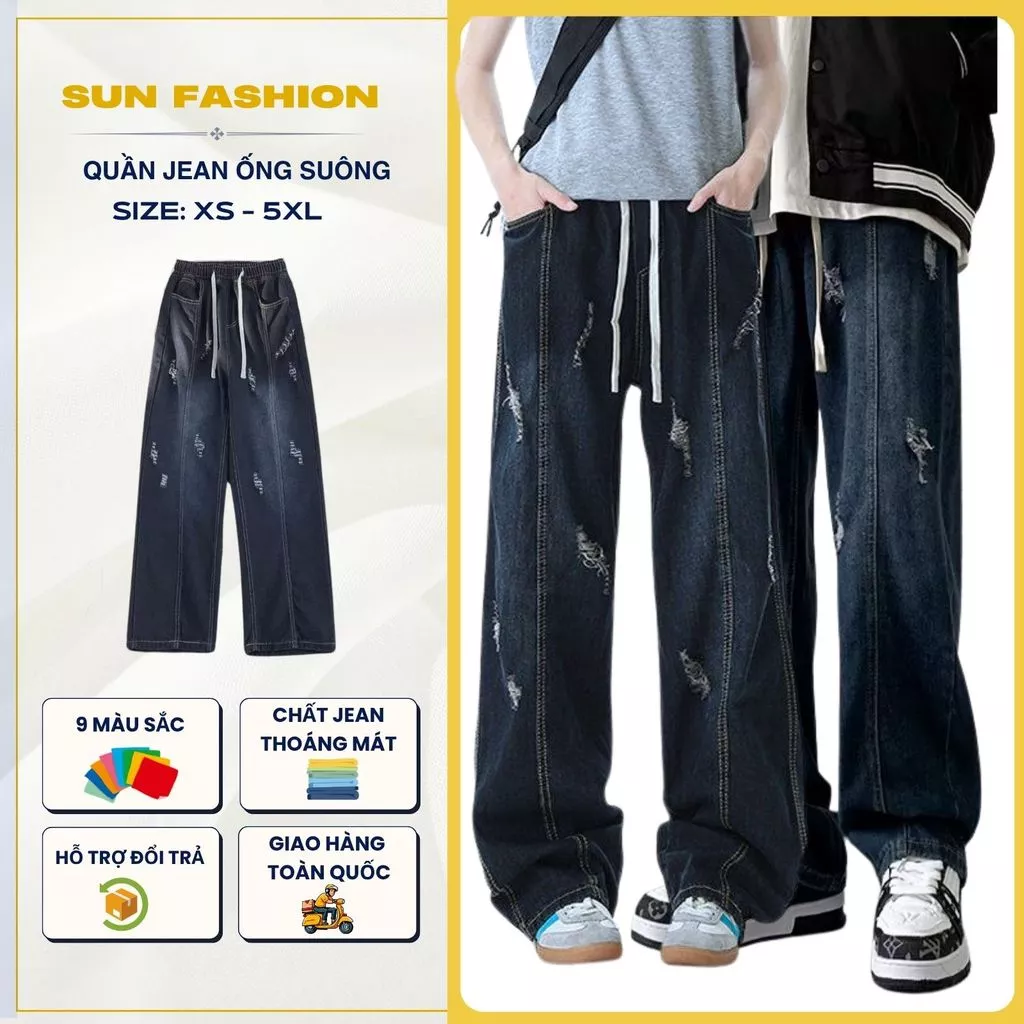 Quần jean nam nữ ống rộng cạp chun bigsize Suncbvn 09 XANH THẪM RÁCH, chất liệu mềm mại, thoải mái